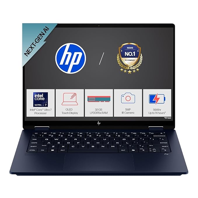 HP Envy X360 Convertible, Enhanced by AI, Intel 14th Gen Evo Core Ultra 7 155U, 14-inch (35.6 cm), 2.8K OLED, 400 nits, 32GB, 1TB SSD, Touch, 5MP IR Camera, (Win 11 Home+MSO, Blue,1.44 Kg), FC0100TU