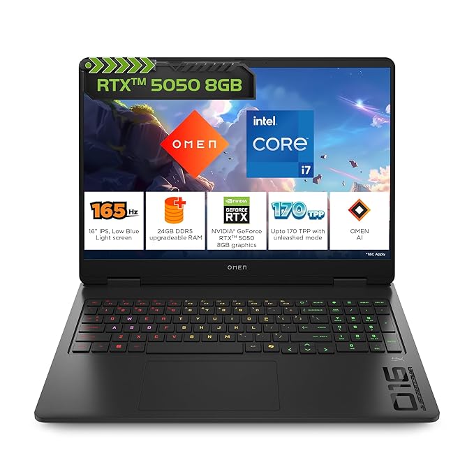 HP Omen, 14th Gen Intel Core i7-14650HX, 8GB RTX 5050, 24GB DDR5(Upgradeable) 1TB SSD, 165Hz, 2k WUXGA, 3ms, 400 nits, 16''/40.6cm, Win11, M365* Office24, Black, 2.43kg, am0241TX, RGB Gaming Laptop