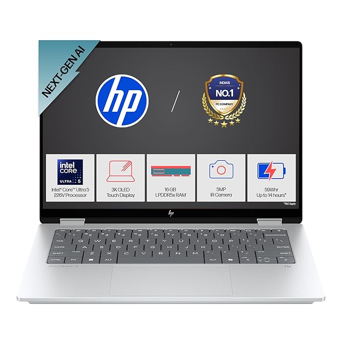 HP OmniBook X Flip (Previously Envy), Intel Core Ultra 5 226V, 40 Tops, (16GB LPDDR5X, 512GB SSD) 3K, OLED, 14''/35.6cm, Touch, Win11, Office24, Silver,1.38kg, fm0058TU, 5MP Camera, Next Gen AI Laptop