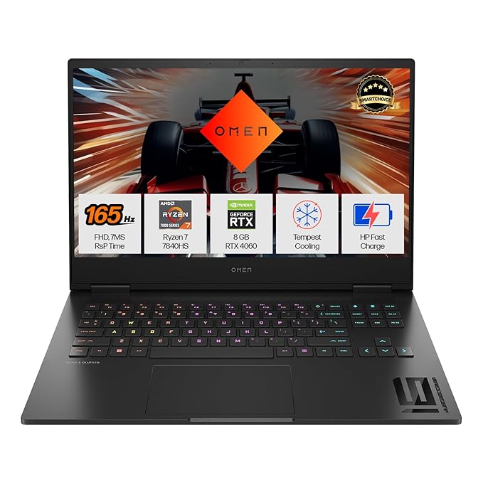 HP Smartchoice Omen AMD Ryzen 7 7840Hs, 8GB RTX 4060 (16GB DDR5, 1TB SSD) FHD, 165Hz, 300Nits, IPS, 16.1''/40.9cm, Win11, Office 21, Black, 2.32kg, Xd0020ax, RGB kb, Tempest Cooling, AI Gaming Laptop